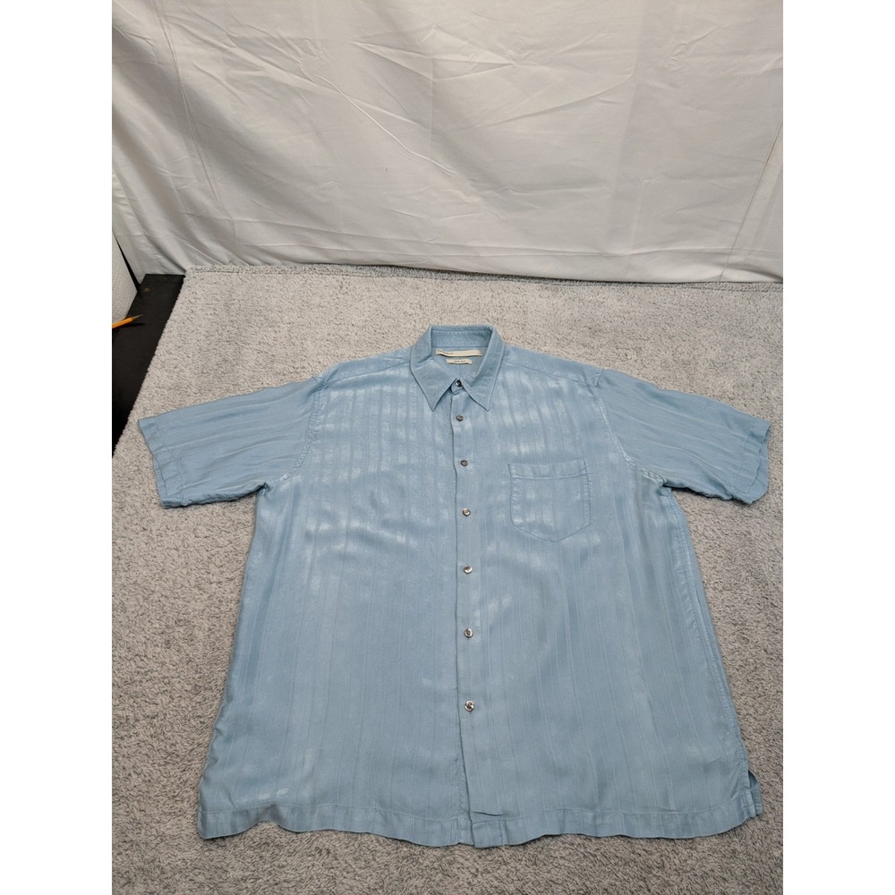 Vintage Perry Ellis 100% Silk Shirt Textured Ribbed‎ Short Sleeve Button Down XL